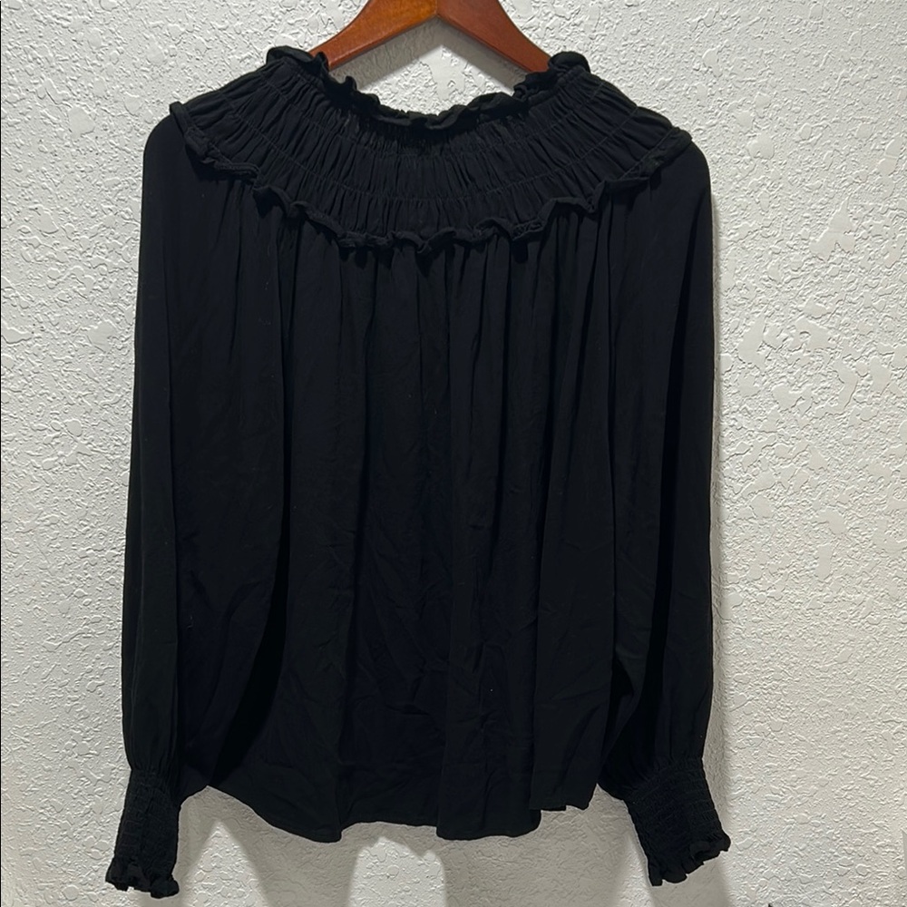 CALLIGRAPHIE Black Long Sleeve Blouse with Ruffled Collar and Bib Collar S-XL - Picture 6 of 11
